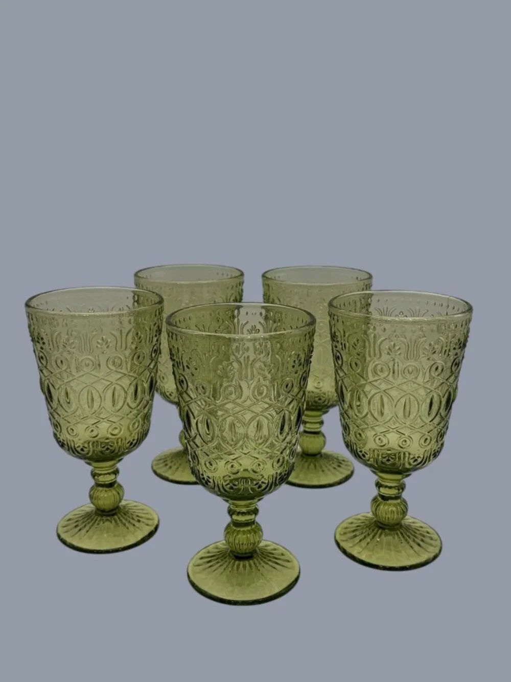 Vintage Olive Green Embossed Goblets – Retro Pressed Glass Wine Glasses